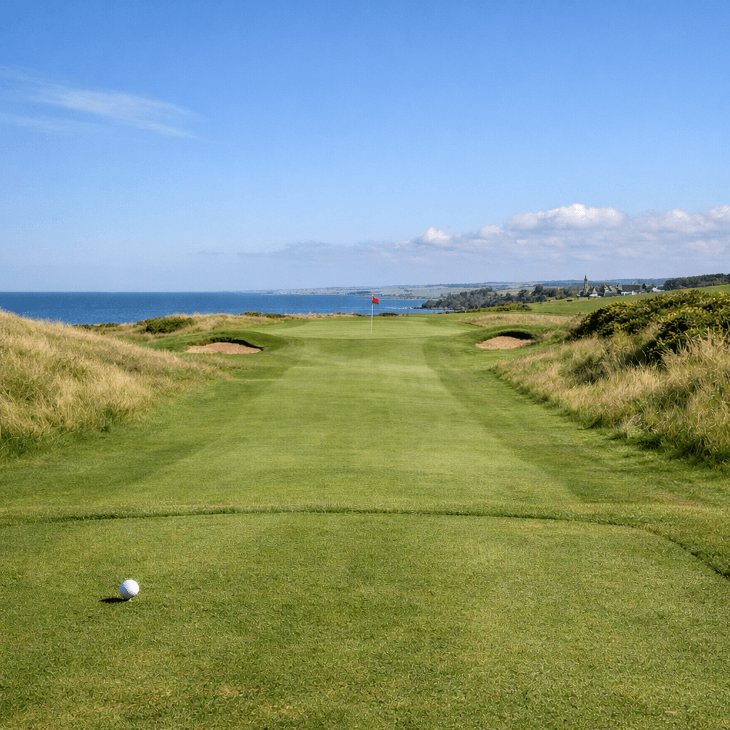 Golf course hole beside the sea under a clear blue sky